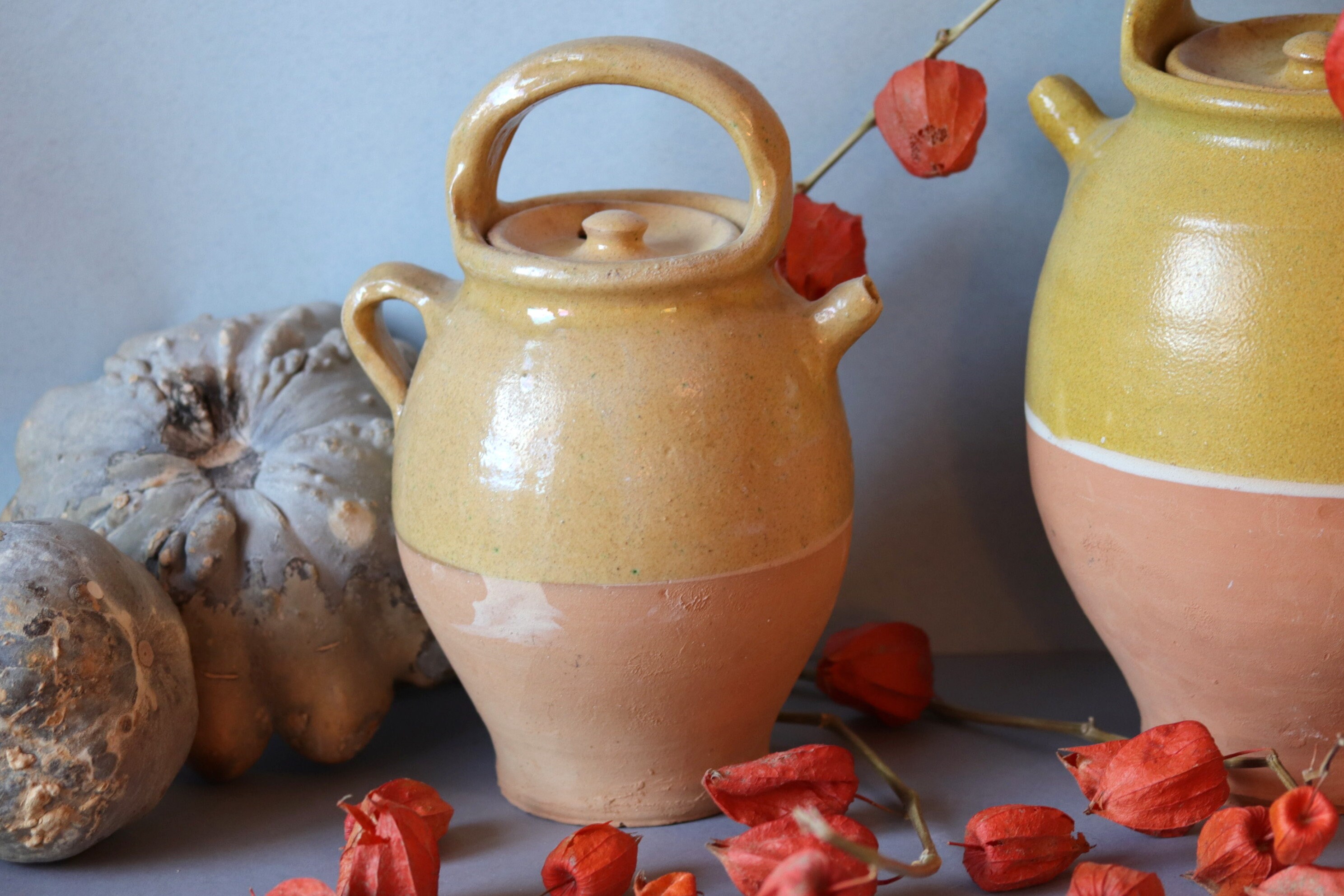 Français Earthenware Gargoulette, Jug Vitré Jaune Provençal, Pichet de Vin Terracota, Pot d'eau Jeté