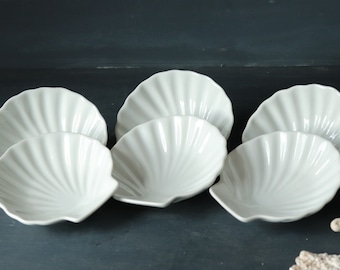 Vintage White Ceramic Shell Plates, Small Seafood Bowls, Appetizer Serving Dishes
