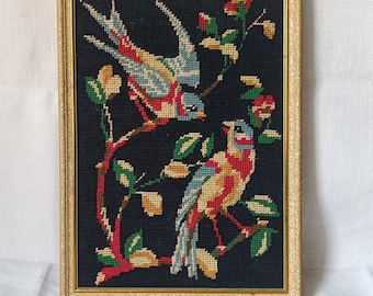 French vintage framed bird needlepoint, 1960s handmade tapestry with two birds on a branch, Nature Theme Embroidery on canvas