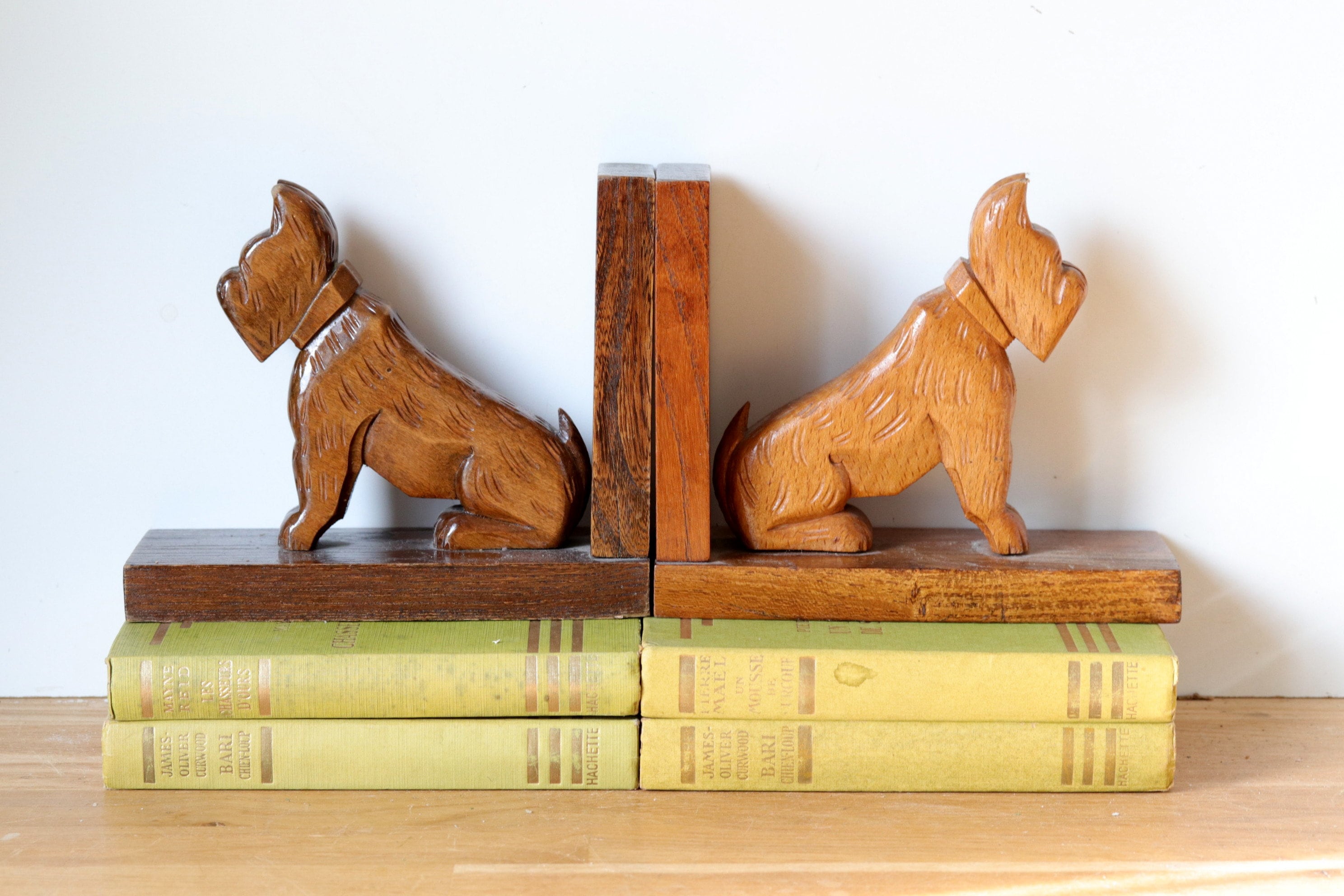 Vintage Wooden Dog Shaped Bookends, 1950S Wood Carved Scottish Terrier Book Stops, 2 Handmade Scotti