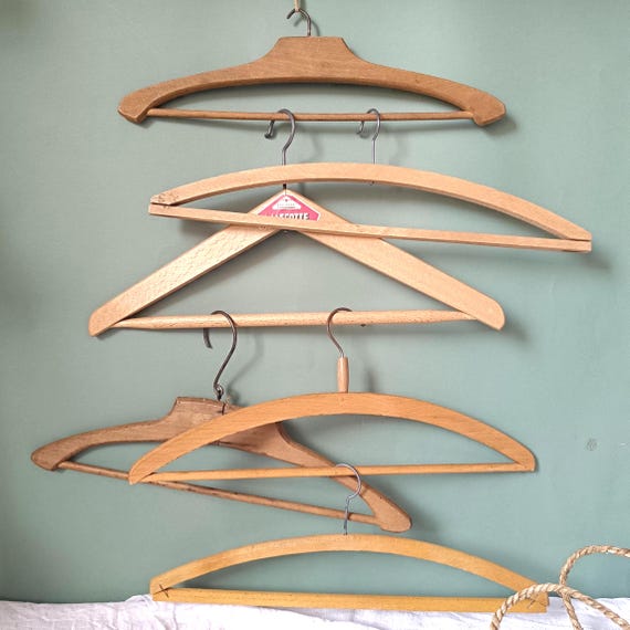 6 Vintage Wood Coat Hangers: 1950s Mismatched Clothing Hanger Set