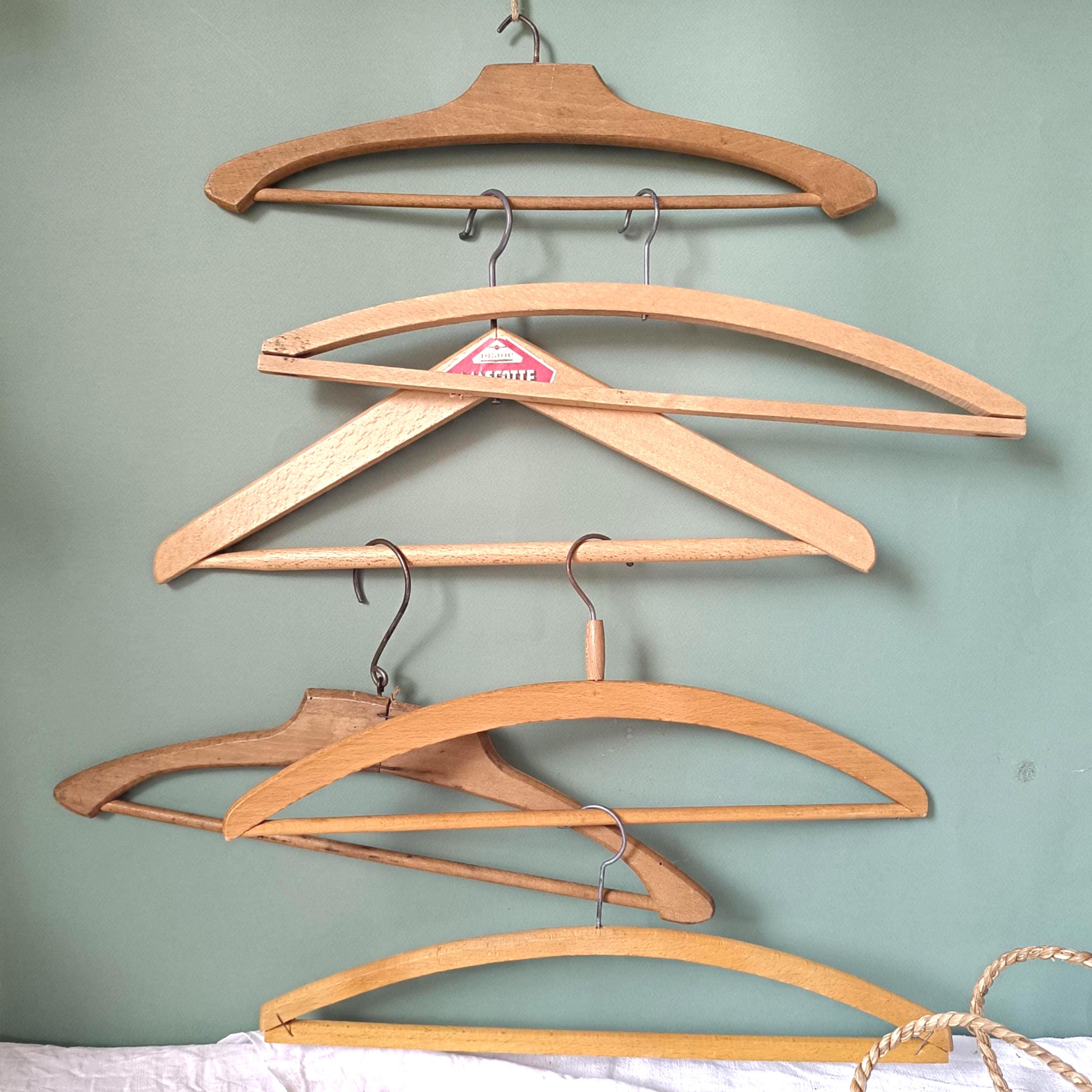 6 Vintage Wood Coat Hangers: 1950s Mismatched Clothing Hanger Set