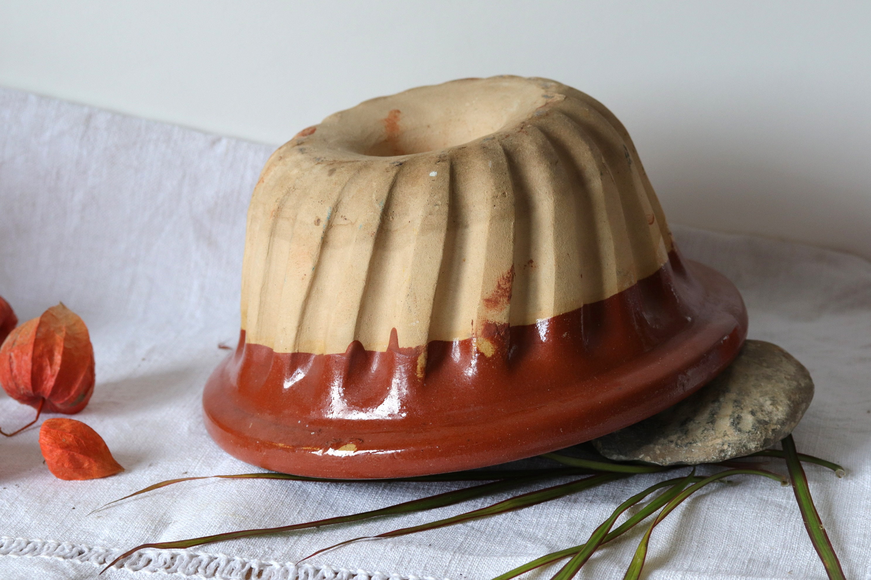 Français Antique Terracota Cake Mold, Brown Glazed Ceramic Kugelhopf 1930S Baking Pan, Rustic, Retro
