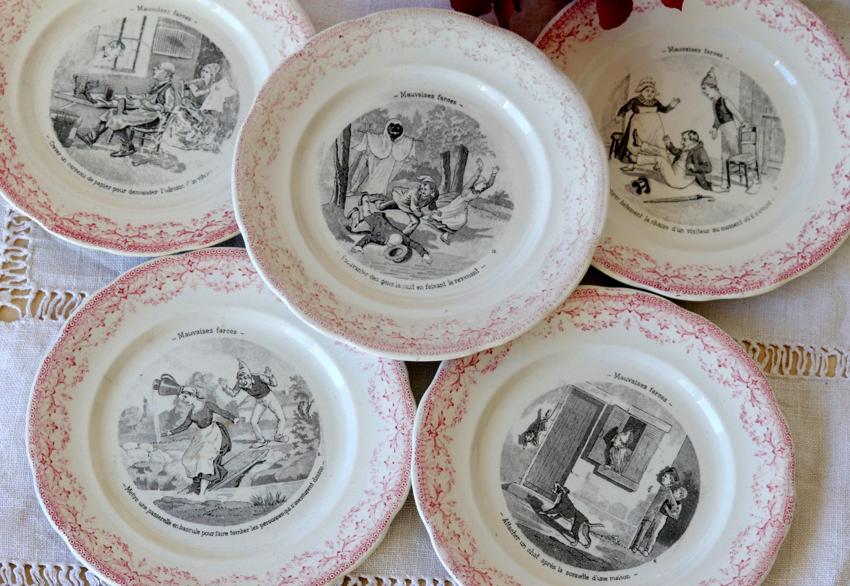 Assiettes à Dessert Sarreguemines Antiques avec Décor Amusant, Ensemble de 5 Assiettes Parlantes Dig