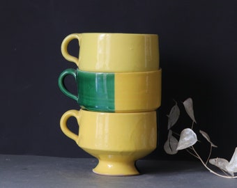 3 Large Yellow and Green footed Ceramic Cups with Handle, 1950s French Vintage Vallauris Style Bowls