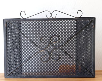 Vintage Filigree Metal Fireplace Screen, 3 Panel Foldable Shield, 1950s Black Wrought Iron, Scroll Decor, Spanish Revival, Bohemian Rustic
