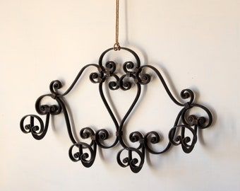 French Vintage Wrought Iron Coat Rack with 4 Hooks, 1960s Black Metal Coat Hanger in Spanish Revival Style