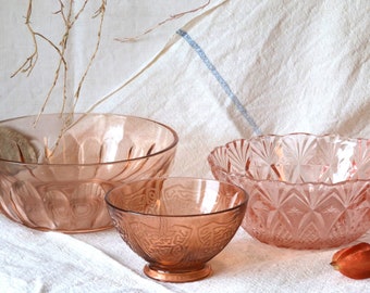 Vintage Pink Depression Glass Bowl Set, Salad & Cereal Bowls, 1930s French Rosaline Molded Glass, Cherry Blossom, Bohemian, Country Kitchen,