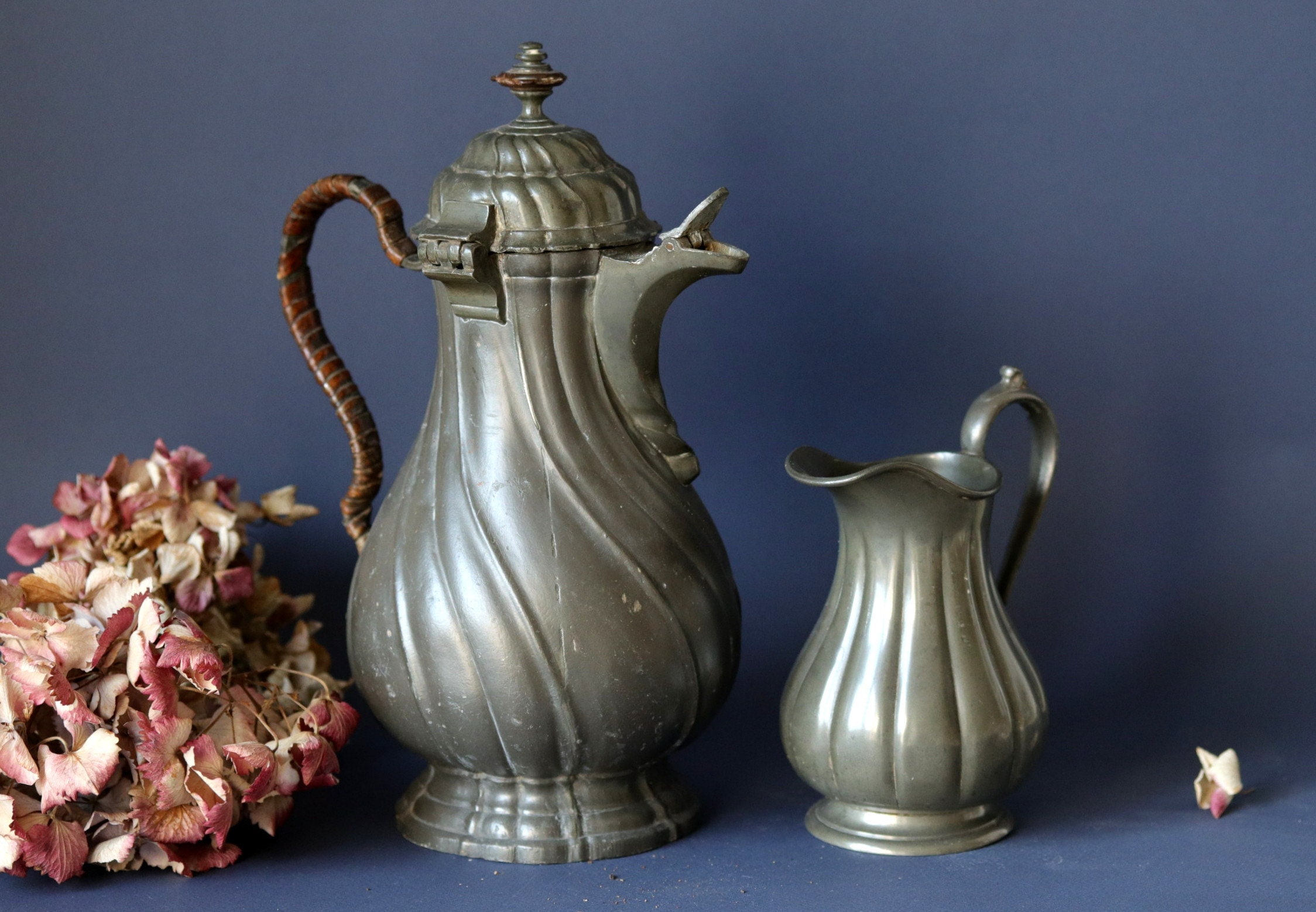 Antique Pewter Coffee Set: Victorian Swirl Coffee Pot & Creamer