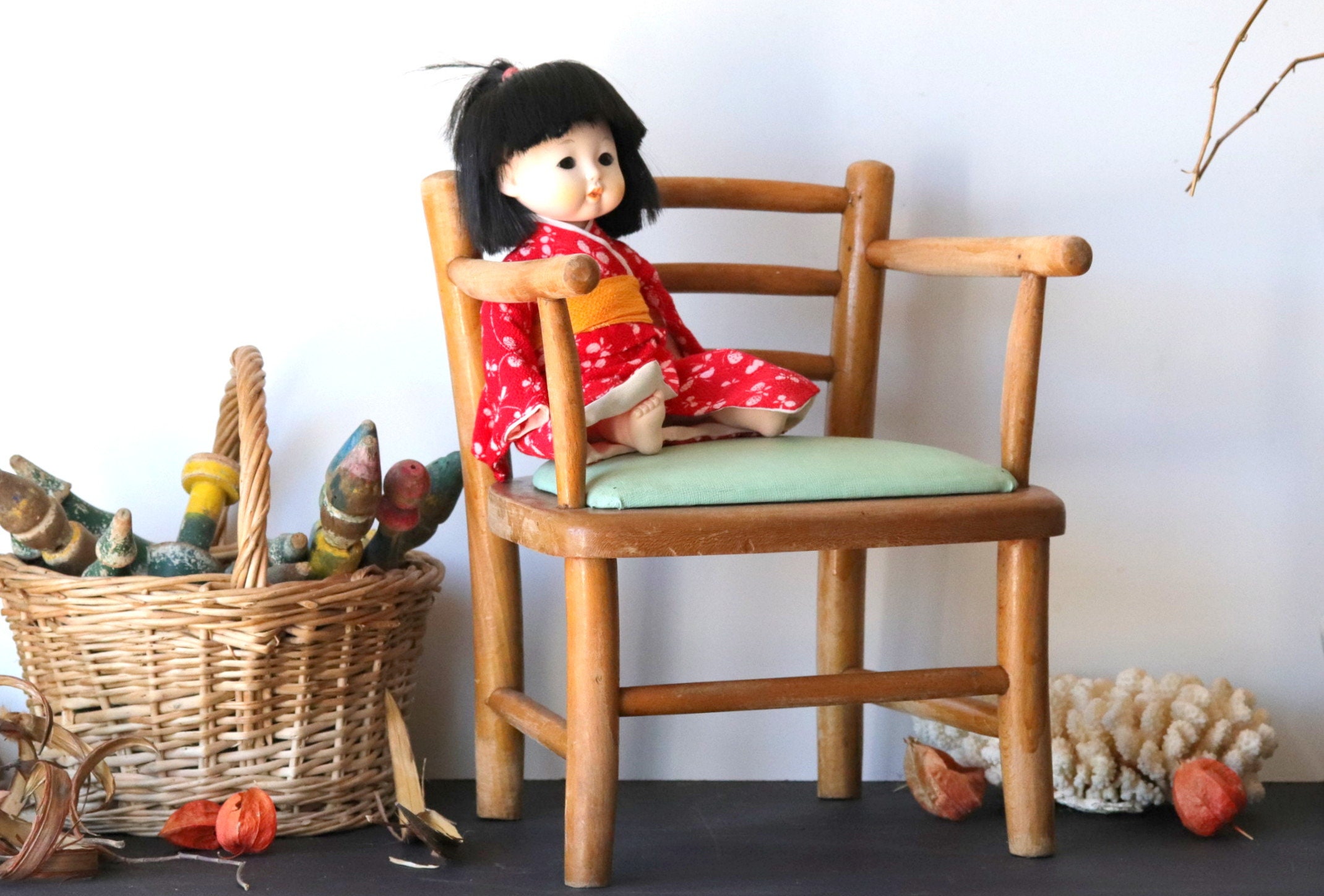 Français Chaise en Bois Enfant Vintage, Petite d'amchair Des Années 1950, Siège Vert de Leatherette,