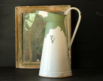 French Vintage Enamel Watering Can, Green and White Metal Pitcher, Rustic Garden Can, Bathroom Pitcher