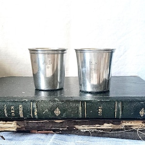 2 antique silver-plated tumblers with engraved monograms, French cups with monograms, Vintage Goblets, Pencil Holders, elegant bud vases