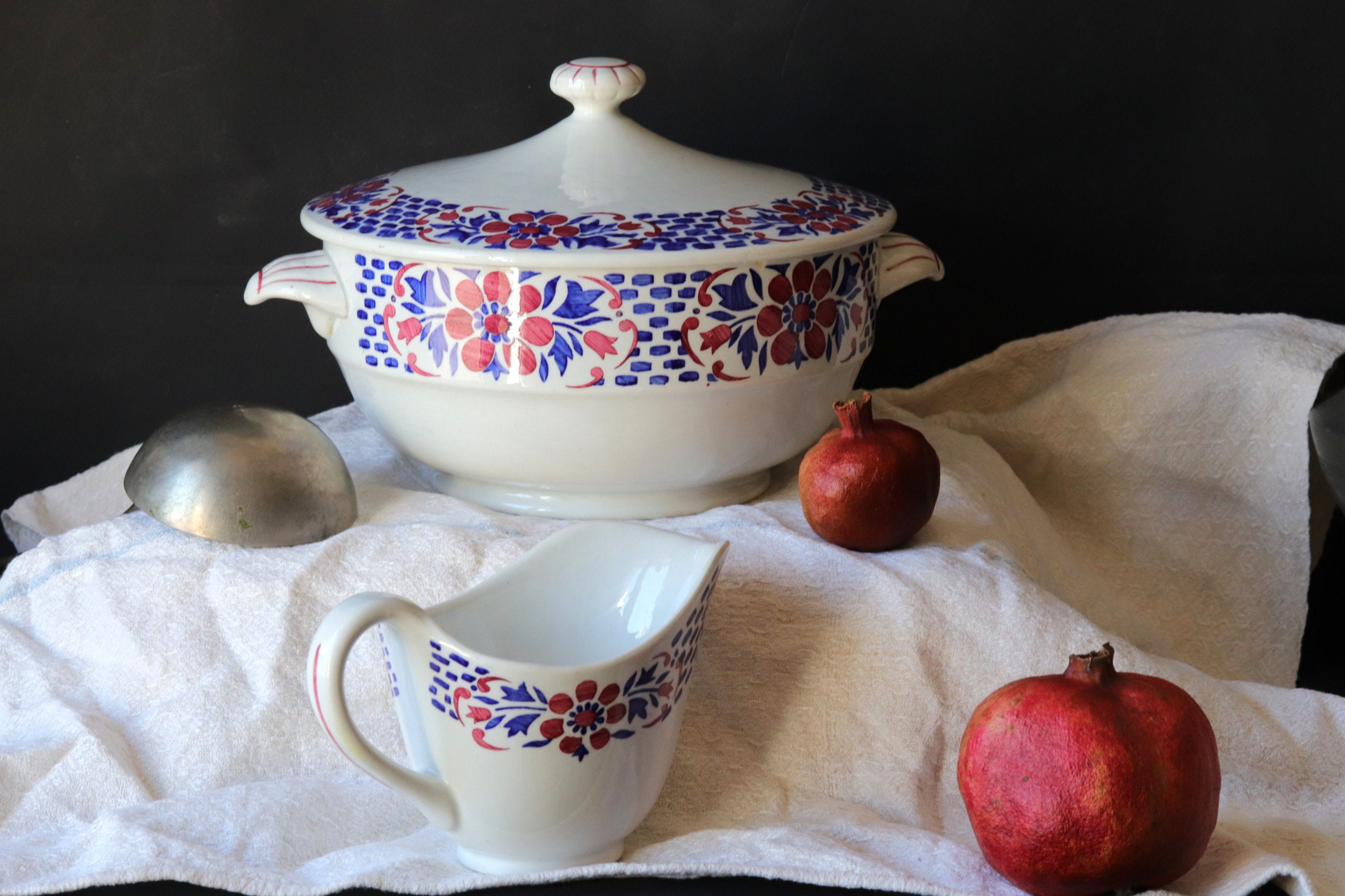 Vaisselle Sarreguemines Vintage, Soupe Tureen Sauce Bateau Des Années 1920, Faïence Blanche, Art Déc