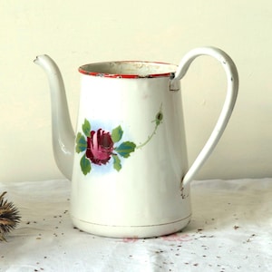 French Antique Enamel Coffee Pot: Shabby Chic Flower Vase