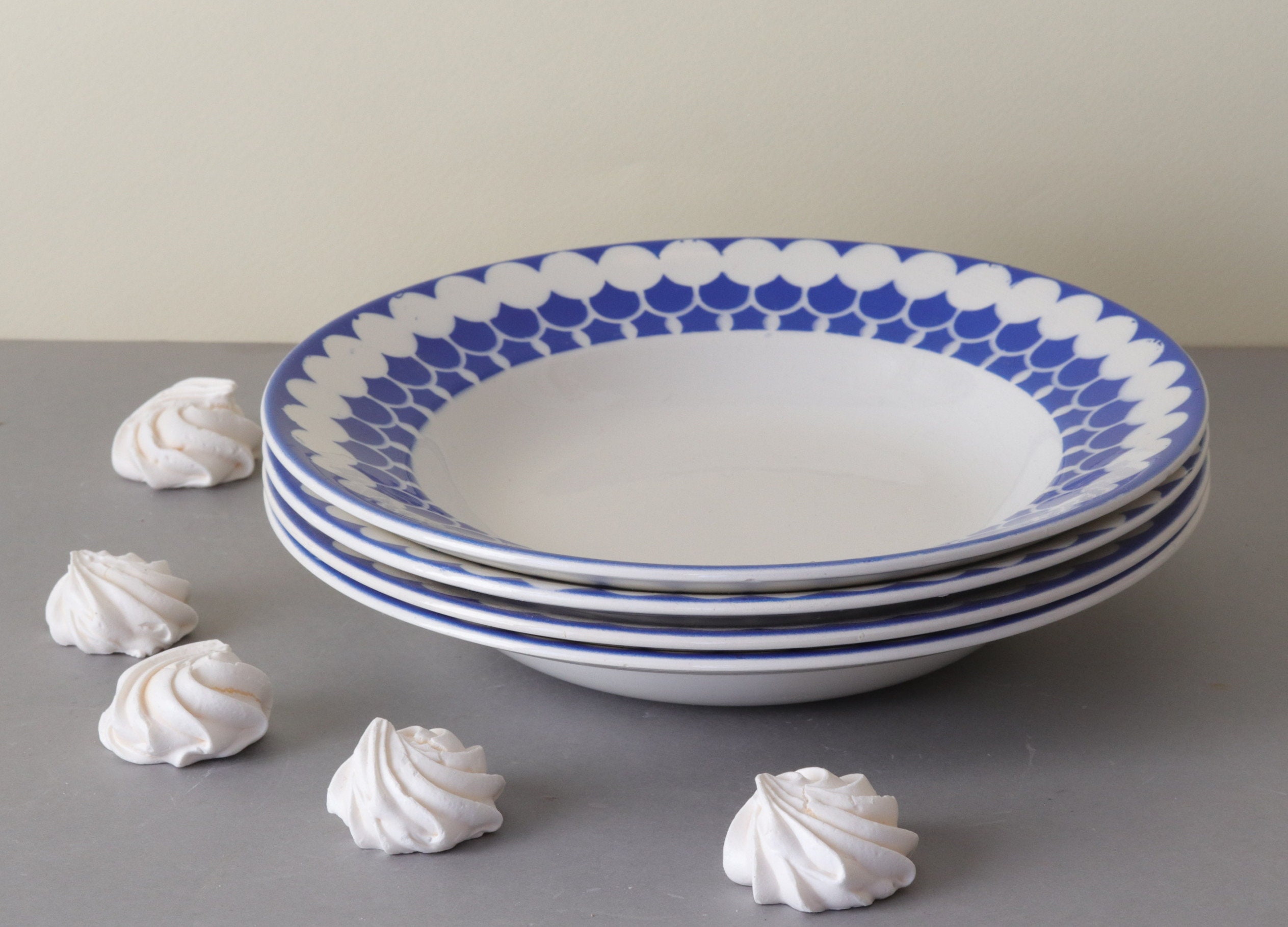 Assiettes à Soupe Digoin Vintage 4 Français avec Décor Géométrique Bleu, Ensemble de Bols Pâtes Rétr