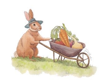 Gardening Bunny, 10x10 Watercolor Print