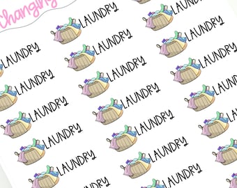 May include: A sheet of stickers with a repeating pattern of laundry baskets filled with colorful clothes. Each basket has the word "LAUNDRY" written next to it.