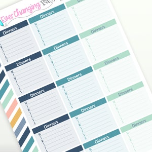 May include: A printable meal planner with the text "Ever Changing Plans" at the top. The planner is divided into 10 sections, each labeled "Dinners" and includes a column for each day of the week: Monday, Tuesday, Wednesday, Thursday, Friday, Saturday, and Sunday.