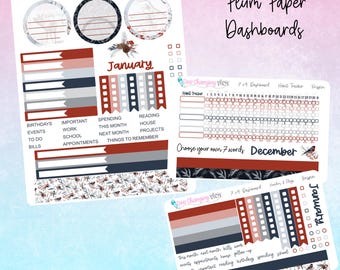 May include: A set of printable planner dashboards with a wintery theme. The dashboards include a habit tracker, a monthly calendar, and a section for listing birthdays, events, to-dos, bills, important tasks, work, school, appointments, spending, reading, house projects, and things to remember. The design features a white background with red, blue, and gray accents, and a pattern of birds and branches.