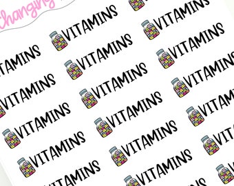 May include: White sticker sheet with a repeating pattern of the word "VITAMINS" in black, alongside illustrations of vitamin bottles filled with colorful pills. The phrase "Changing Plans" is in the upper left corner.