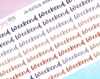 May include: A sheet of stickers with the word "Weekend" repeated multiple times in different colors and fonts. The stickers are designed for use in a planner or journal.