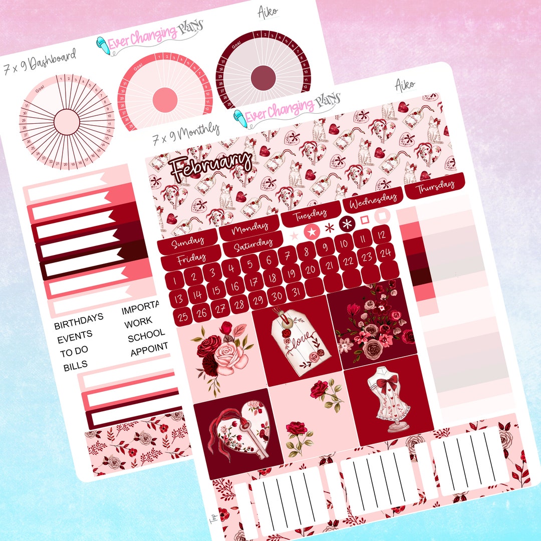 Aiko Plum Paper Monthly and Dashboard Kits February Valentine's Love Sweetest Monthly Plum 8 1/2