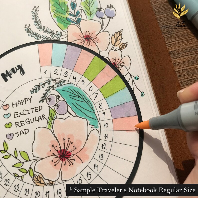 May include: A mood tracker for the month of May with a floral design. The tracker is a circle divided into 30 sections, each with a number from 1 to 30. The sections are colored in different shades of pink, blue, green, and purple. The tracker is surrounded by a floral design with pink flowers, green leaves, and blue berries. The text "May" is written at the top of the tracker. The text "Happy", "Excited", "Regular", and "Sad" are written below the tracker.