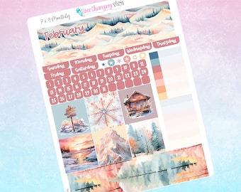 May include: A printable planner sticker set with a winter theme. The stickers feature a calendar for February, a cabin in the woods, a snowy mountain scene, and a snowflake. The stickers are designed for use in a 7x9 monthly planner.