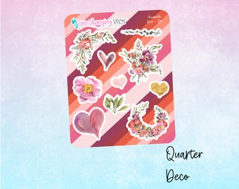 May include: A sheet of stickers with a pink, red, and gold color scheme. The stickers feature floral designs, hearts, and the text "Ever Changing Vans".