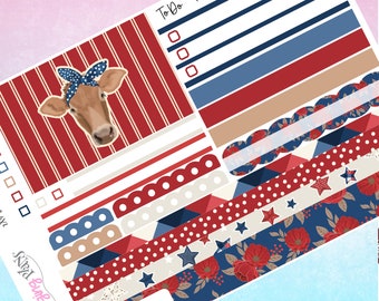 May include: A set of red, white, and blue patterned planner stickers featuring a cow wearing a red, white, and blue bandana. The stickers include a to-do list, a today list, and various decorative elements.