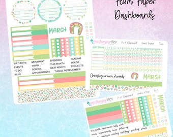May include: A set of printable planner dashboards for the month of March. The dashboards are in a pastel color scheme with a rainbow, stars, and other fun designs. The dashboards include a 7x9 grid, a habit tracker, and a headers and flags section. The text "Choose your own 7 words" and "March" are included on the dashboards.