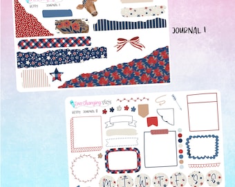 May include: A set of printable planner stickers featuring a red, white, and blue color scheme with stars, stripes, and floral patterns. The stickers include a cow wearing a bandana, a bow, and various shapes and sizes of frames, banners, and dividers. The text "Bessy Journal 1" and "Bessy Journal 2" is included on the stickers.