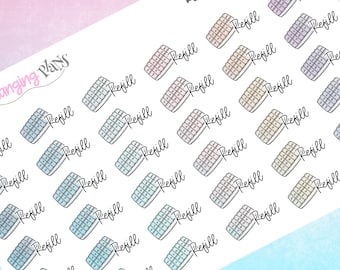 May include: A sheet of colorful stickers with a pillbox design and the word "Refill" written on each sticker. The stickers are perfect for organizing medication refills.