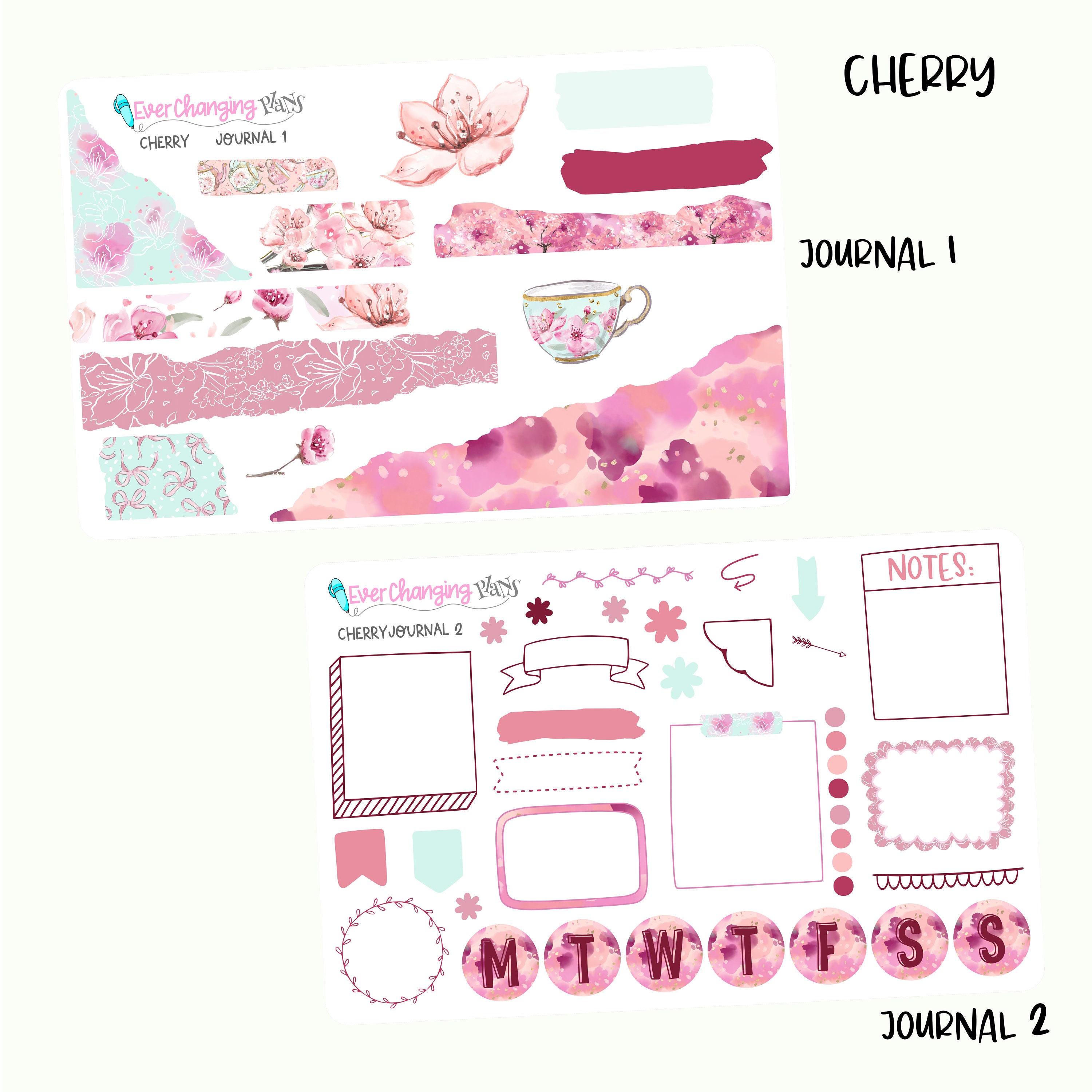 Cherry Spring Planner Stickers - Cherry Blossom Journaling Kit - Large Deco Stickers - Floral Journal Page - Bujo - Journaling