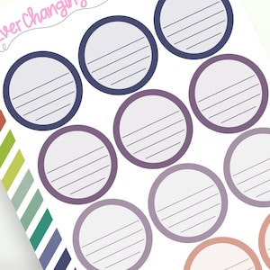 May include: A sheet of printable planner stickers featuring 10 round, lined circles in various shades of purple, blue, and pink. The stickers are ideal for adding a touch of colour and organisation to your planner.