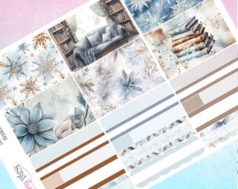 May include: A set of 10 winter-themed planner stickers featuring a variety of designs, including snowflakes, flowers, books, and a cozy armchair. The stickers are in shades of blue, white, and brown.