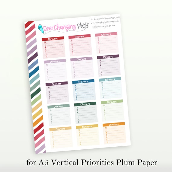 Vertical Priorities Dinner Box Planner Stickers Meal Planning Plum Paper Planner Sidebar
