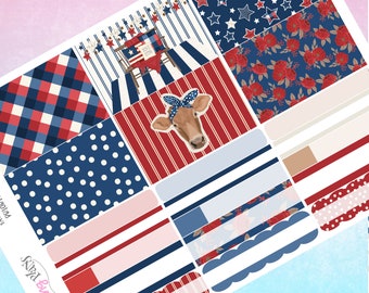 May include: A set of 10 printable planner stickers featuring red, white, and blue patterns. The stickers include gingham, polka dots, stripes, stars, and floral designs. The stickers are perfect for adding a touch of Americana to your planner.