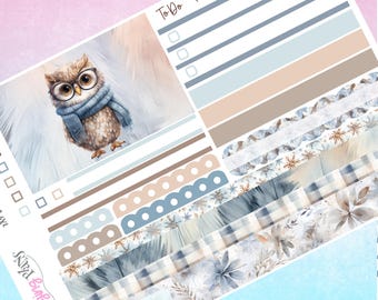 May include: A set of planner stickers featuring a cute owl wearing a scarf, snowflakes, and a plaid pattern in shades of blue, brown, and white. The stickers say "To Do Today".