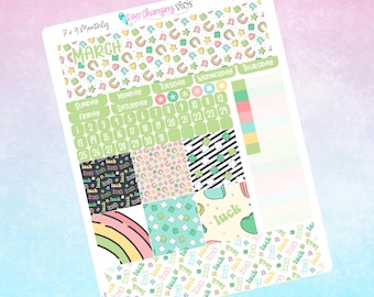 May include: A printable planner sticker sheet with a March theme. The sheet features a variety of colorful patterns and designs, including rainbows, shamrocks, and the word "luck".