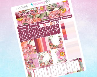 May include: A printable February calendar planner with floral illustrations in shades of pink, red, and white. The calendar is 7x9 inches and includes boxes for each day of the week, as well as space for notes and tasks. The text "Ever Changing Plans" and "Annabelle" are visible at the top of the calendar.