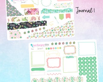 May include: A set of printable planner stickers with a green, pink, and yellow color scheme. The stickers feature a variety of designs, including shamrocks, rainbows, and the words "luck" and "Finn". The stickers are labeled "Journal 1" and "Journal 2".
