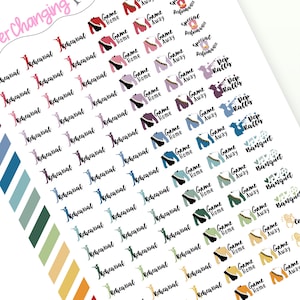 May include: A sheet of colorful stickers featuring marching band themed icons. The stickers include various activities such as rehearsals, games, pep rallies, and banquets. The stickers are in a variety of colors, including blue, green, yellow, orange, red, and purple.