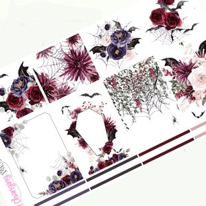 May include: A set of 10 Halloween themed planner stickers featuring floral arrangements with bats, cobwebs, and a coffin. The stickers are in shades of burgundy, purple, and black.