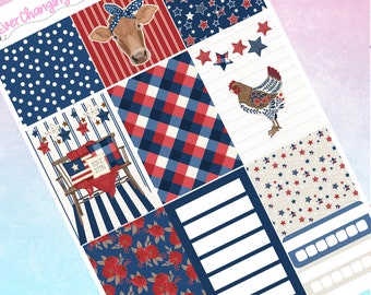 May include: A planner sticker sheet with patriotic designs. Features include a cow with a bandana, stars, a chicken, a chair with an American flag, and floral patterns. The color scheme is red, white, and blue.