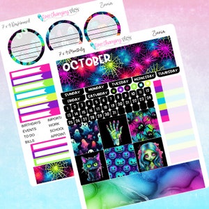 Può includere: Un set di adesivi per planner stampabili a tema Halloween con un design a ragnatela nero e verde neon. Il set include un calendario mensile, un cruscotto e diversi adesivi più piccoli con immagini di fantasmi, zucche, un gatto, una mano e una ragazza spettrale. Il testo "Ever Changing Plans" e "October" è incluso nel design.