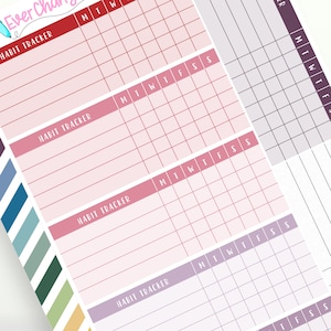 May include: A printable habit tracker with four sections, each with a pink, red, or purple gradient background. The sections are labeled "Habit Tracker" and include columns for each day of the week: Monday, Tuesday, Wednesday, Thursday, Friday, Saturday, and Sunday.