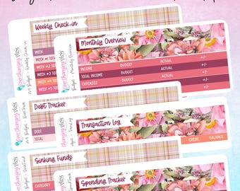 May include: A printable budget kit with a floral design. The kit includes sections for weekly check-in, monthly overview, debt tracker, transaction log, sinking funds, and spending tracker.