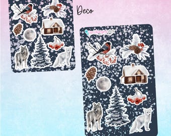 May include: A set of winter-themed stickers featuring a wolf, a fox, a bird, a house, a tree, and a moon. The stickers are on a dark blue background with white splatter paint. The text "Quarter Deco" and "Half Deco" are printed on the stickers. The text "Krispin" is printed at the top of the image.