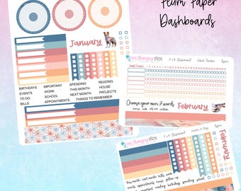 May include: A set of printable planner dashboards with a plum paper background. The dashboards feature a January and February calendar, a habit tracker, a to-do list, and a section for choosing your own seven words. The design includes a floral pattern with snowflakes and a dog illustration.